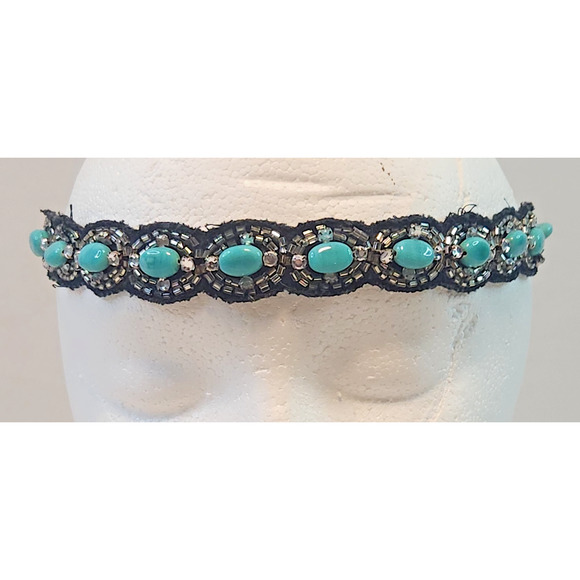 Unbranded Accessories - Vintage Rhinestone Turquoise Beaded Applique Headband Stretchy Hair Band OSFM
